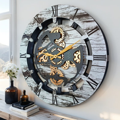 Wall Clock 24" Round Oversized for Living Room decor with Real Moving Gears Canada Collection