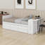 Lit plateforme avec bureau et tablette de rangement au bout du lit, lit gigogne et tiroirs-840375813