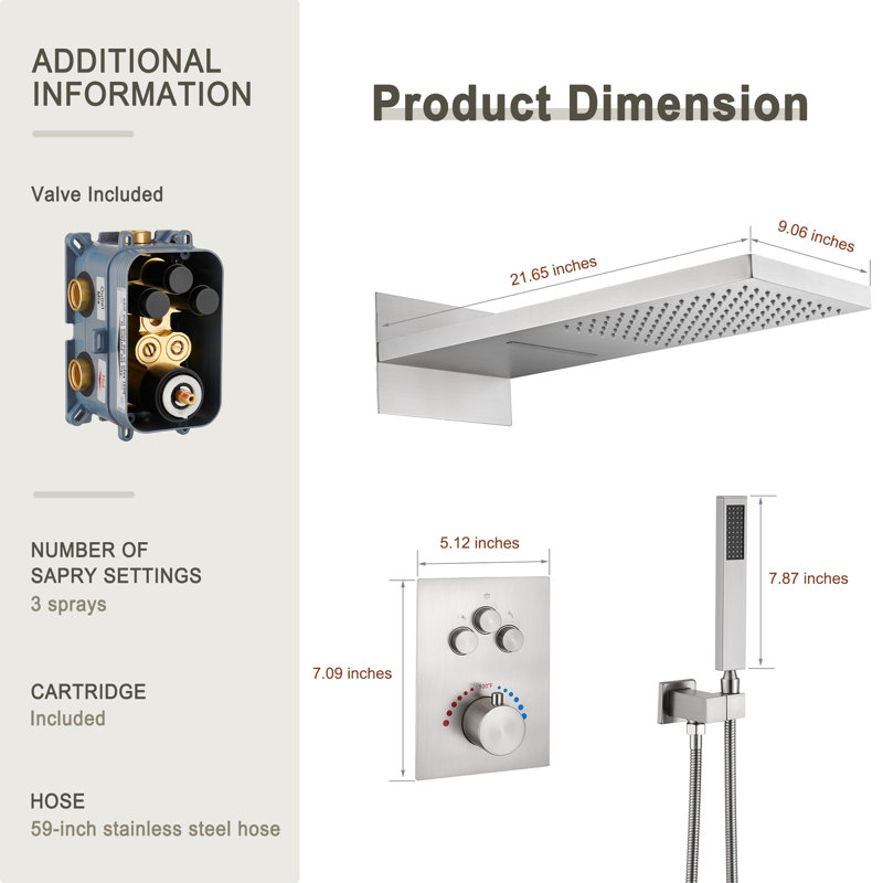 Matte Black and Brushed Nickel 22" Thermostatic Rainfall Shower System