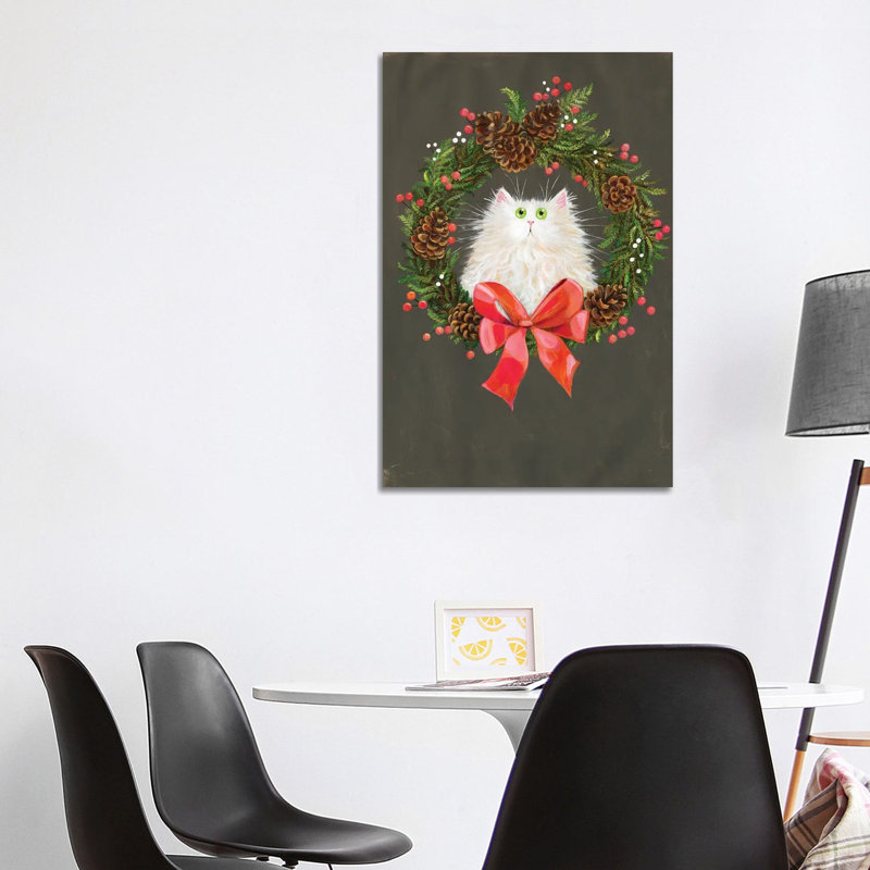 Festive Wreath White Cat by Kim Haskins - Print on Canvas, Wrapped Canvas, 101.6 cm H x 66.04 cm W x 1.91 cm D