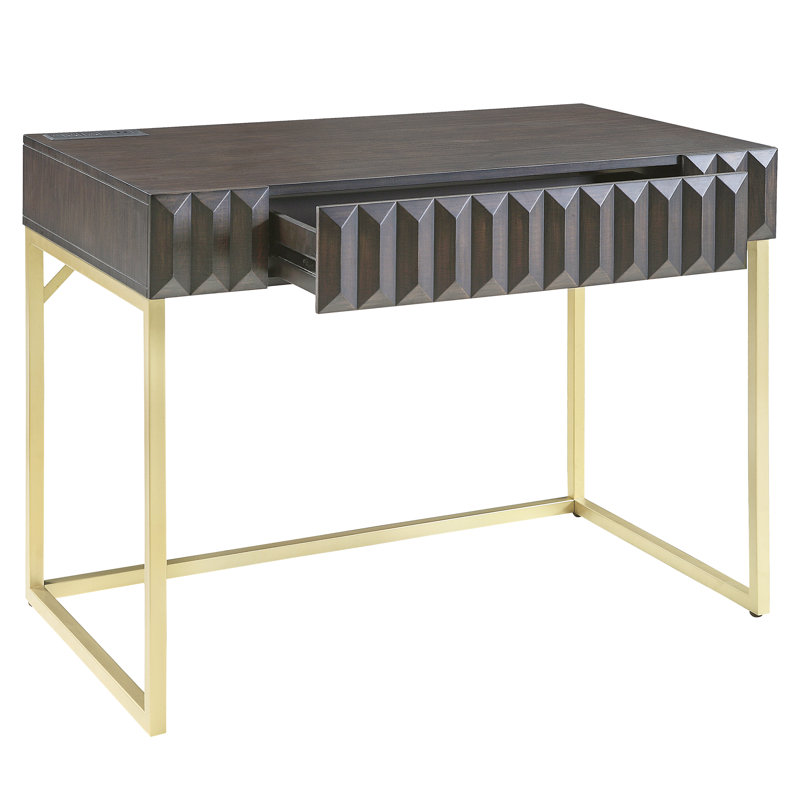 Livengood 42"W x 30.5"H Metal Base Writing Desk with Power Outlet, Walnut/Gold