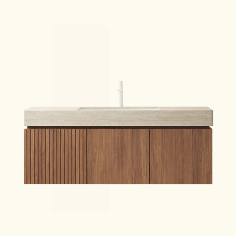 Meuble-lavabo de salle de bain avec lavabo, armoire de rangement murale en contreplaqué avec tiroir et 2 portes, comptoir à motif de travertin avec lavabo Roma, pré-assemblé