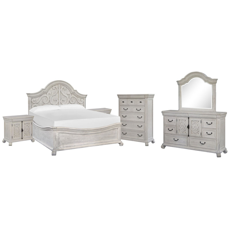 California King Shaped Panel Bed 2 Barchelor Chests Drawer Dresser With Shaped Mirror And Drawer Chest, California King
