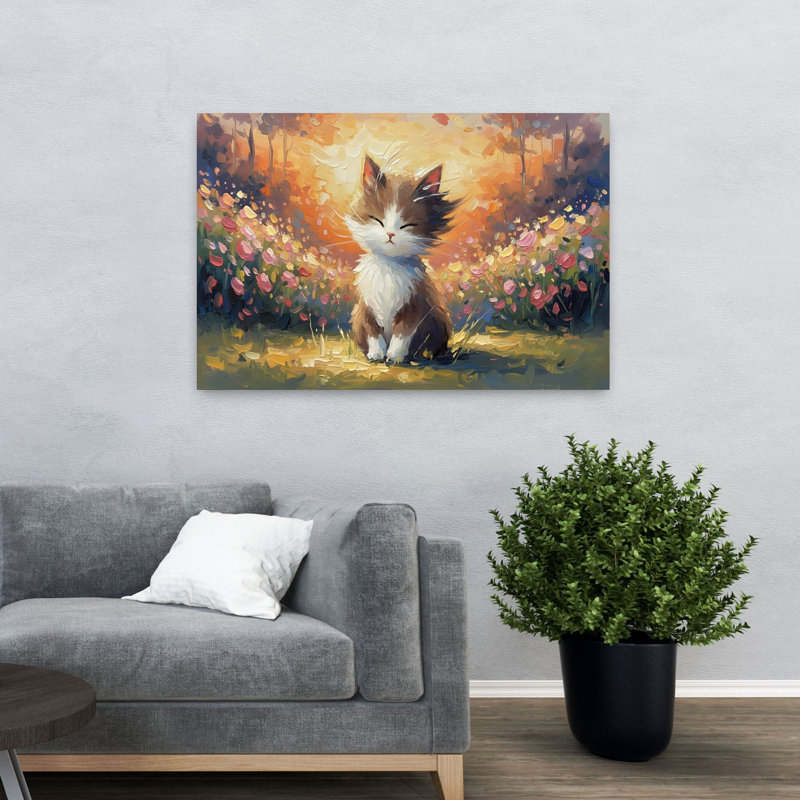 Mignon chat, art contemporain classique abstrait avec fleur de chat, H 48 po x l 32 po