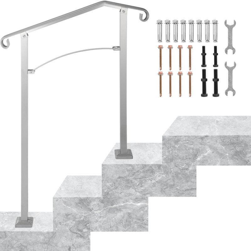 Transitional Stair Handrail 35cm 2-3 Steps Iron 1 Piece Silver w/ Install Kit