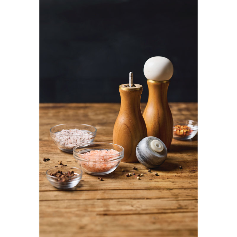 Teakwood and Marble Salt and Pepper Grinder Set with Brass Accents
