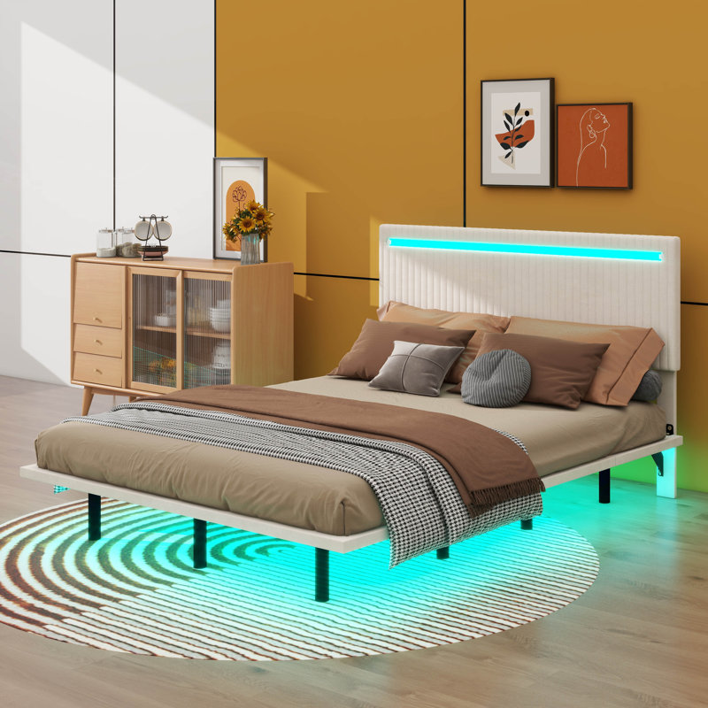 Structure de lit flottante moderne avec éclairage à DEL, Beige, Double