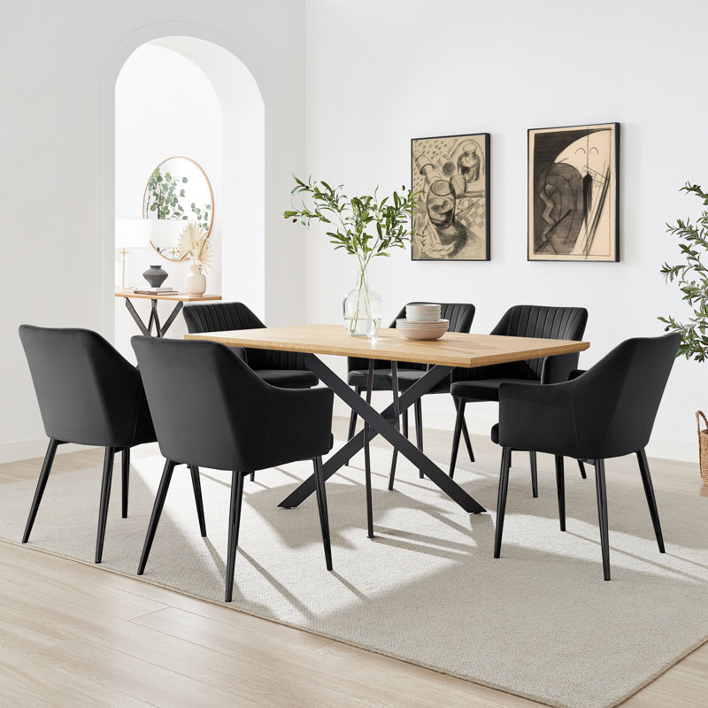 Aminata Veneer & Metal Round Dining Table With Calley Fabric Chairs - Modern Statement Design, 6