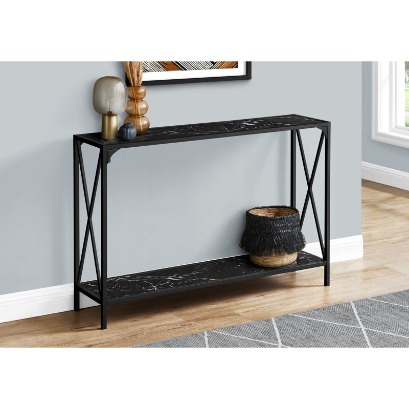 Console moderne avec plateau rectangulaire noir et structure en métal pour couloir, plateau inférieur en marbre, salon, chambre à coucher