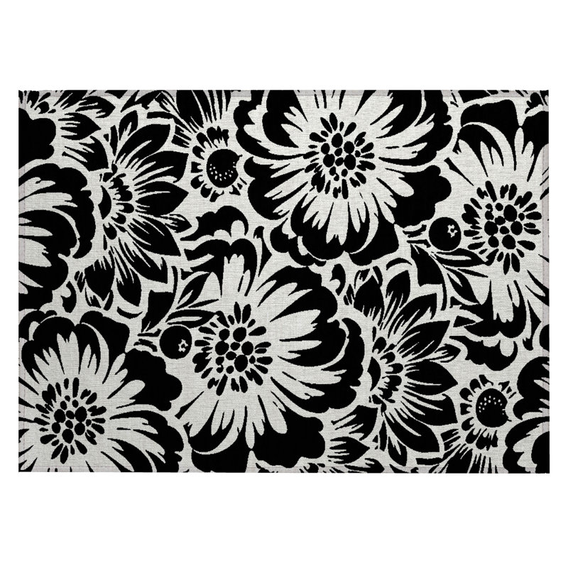 2' X 3' Black and Ivory Floral Washable Non Skid Indoor Outdoor Area Rug