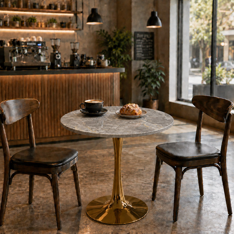 Modern Marble-Texture Round Table, Pedestal Base Coffee Table and Dining Table for 2–4 People, Suitable for Living Rooms, Apartments, and Cafés
