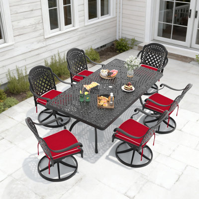 7-Piece Patio Cast Aluminum Dining Set,82.68"L Rectangle Table with Umbrella Hole & 6 Swivel Chairs with Red Cushions