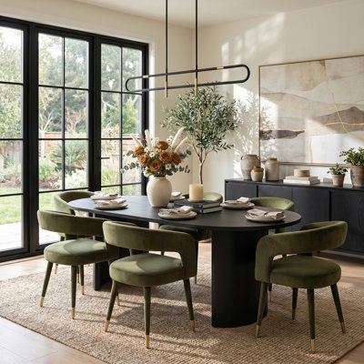 Modern 79" Oval Dining Table Set With 6 Velvet Dining Armchairs