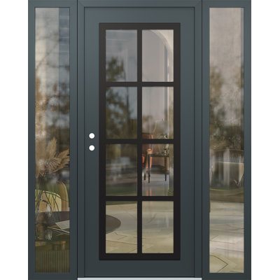 C16 droite 64 po X 80 po Panneau d'entrée en verre noir anthracite et anthracite à panneau avec 2 portes d'entrée en verre pré-montées