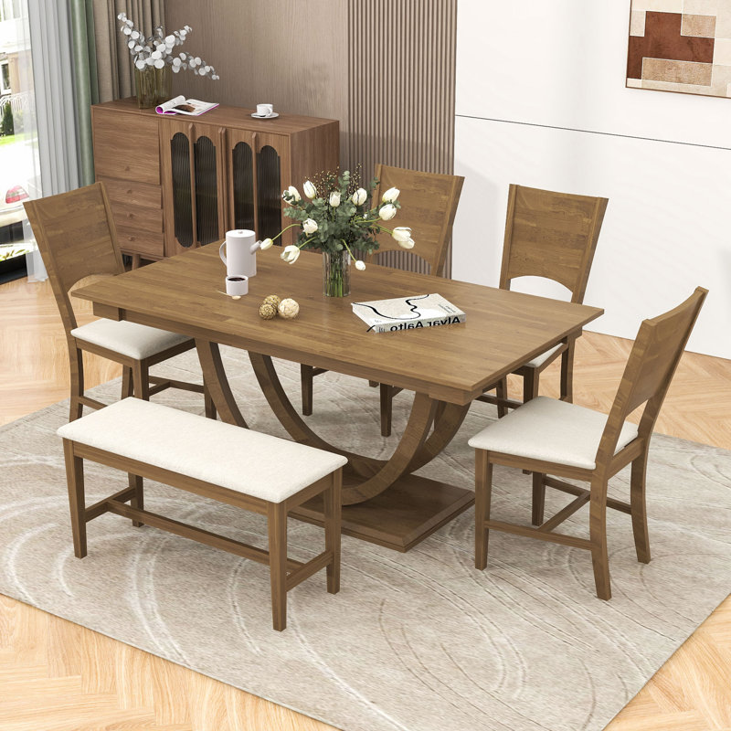 Ensemble de table de salle à manger 6 pièces, table de salle à manger rectangulaire avec 4 chaises et banc, Brun