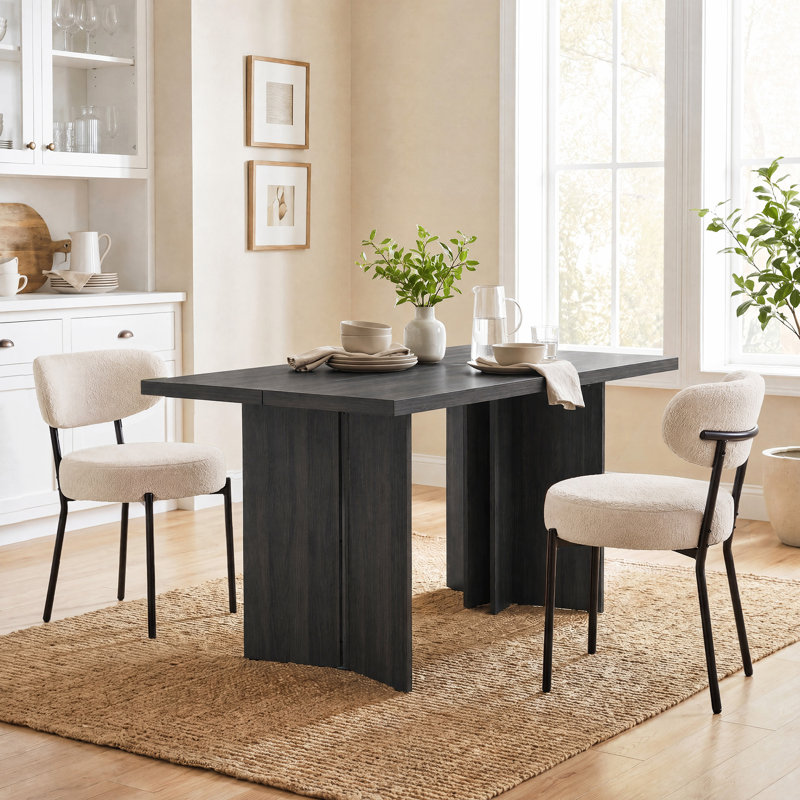 Table de salle à manger rectangulaire en bois Alyria de 63 po avec 2 chaises de salle à manger en cuir bouclé Sherpa, Black