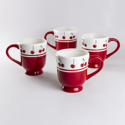 Terromoto Ceramic Cherry Bistro Pedestal Mugs, Set of 4