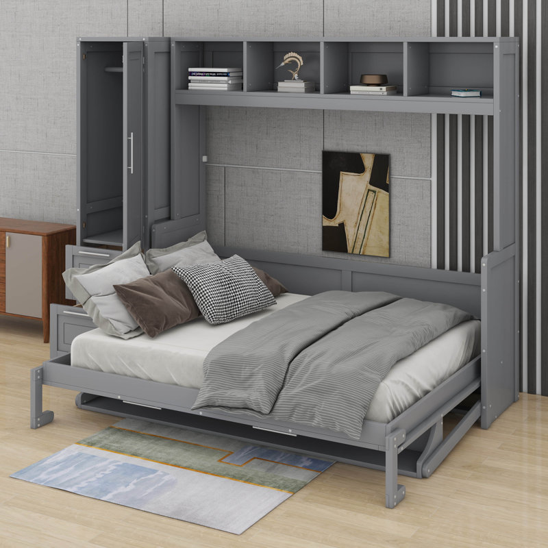 Grand lit escamotable, mur avec placard et tiroirs, Gris