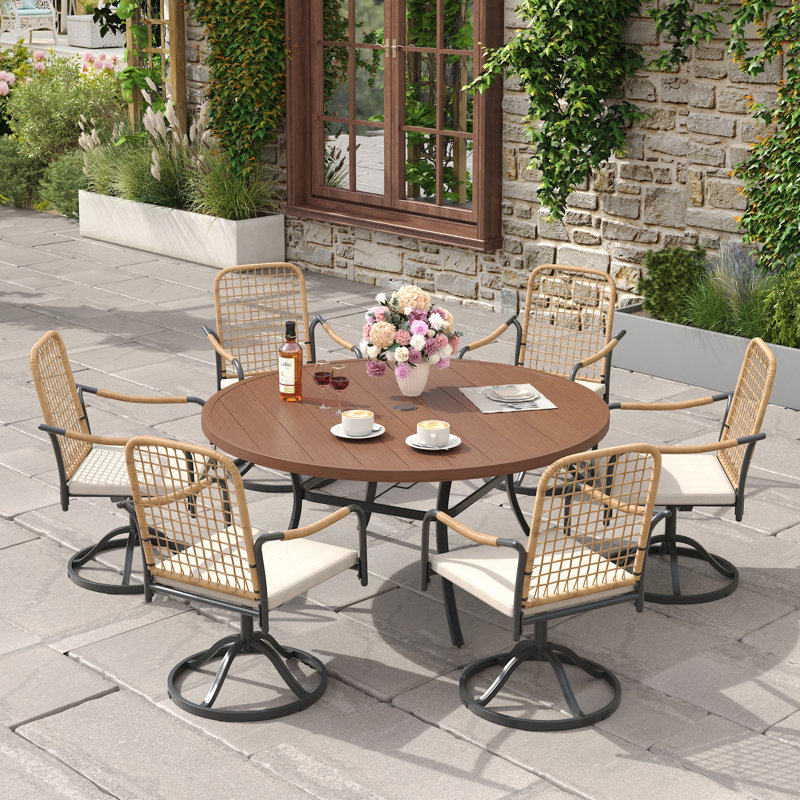 7-Pieces Patio Round Outdoor Dining Set With Swivel Rattan Armchair, Walnut