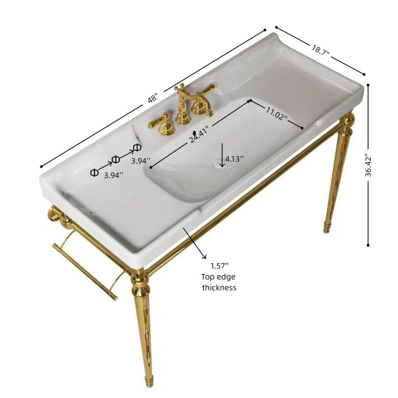 Lavabo de console de salle de bain 48 po, lavabo mural avec pieds en acier inoxydable, Doré, Blanc