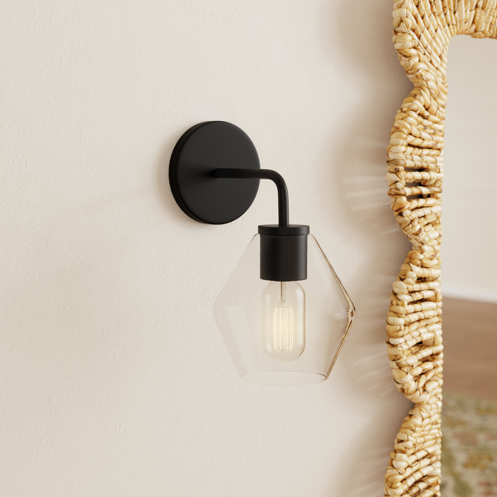 Rooks Single Light Glass Dimmable Armed Sconce, Midnight Black, Clear
