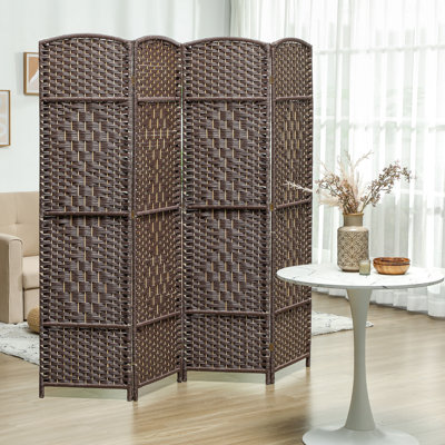 Folding Room Divider Screen 4 Panel 6' Tall Privacy Screen Freestanding Wood Partition For Home Office, Brown