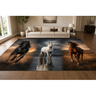 "Ultra Lightweight" Large 6'7" x 9'10" Wild Horse Trio Area Rug for Living Room, Bedroom and Home Office, Soft Low Pile Carpet with Non-Slip Silicone Backing, Black and White