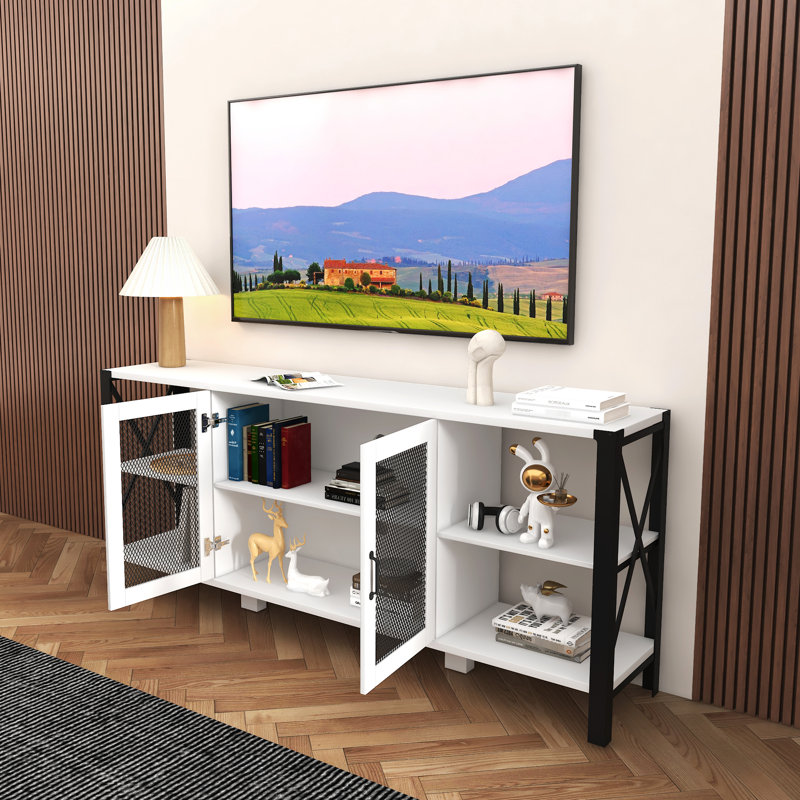 Meuble télé industriel de 80 po pour la chambre à coucher, blanc, avec espace de rangement suffisant, métal et bois pour le salon, amplement d'espace,