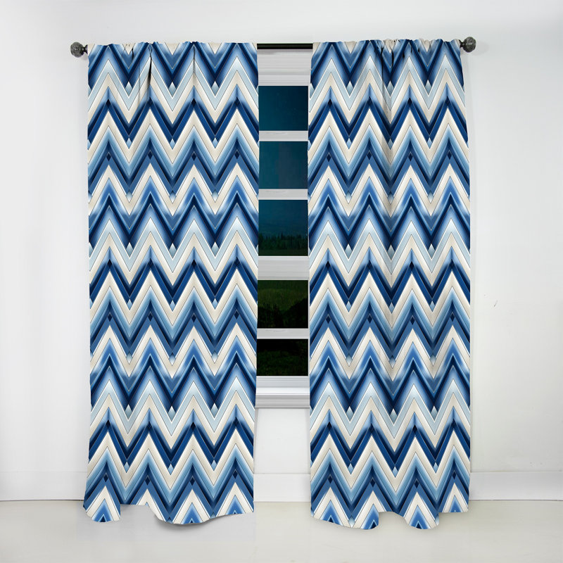 Rideau obscurcissant rétro à motif de chevrons bleu cobalt et blanc rétro - 1 panneau, L 52 po x L 108 po