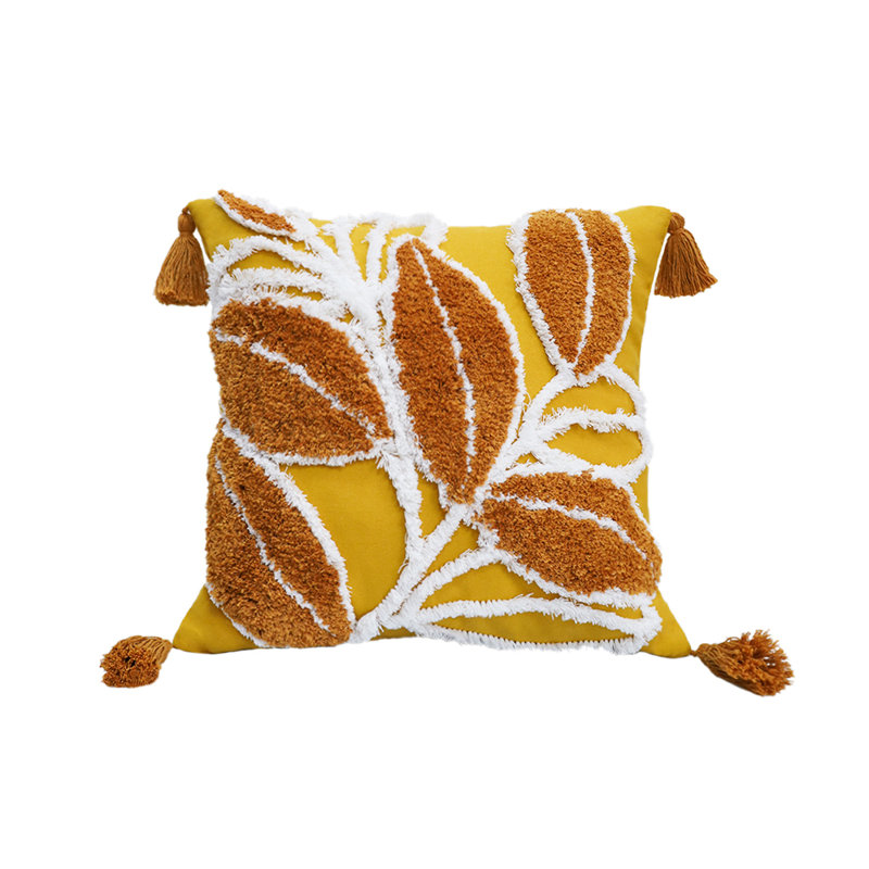 Yellow Boho Tufted Leaf Decorative Throw Pillow FULL set with inserts size 18"x18", Yellow