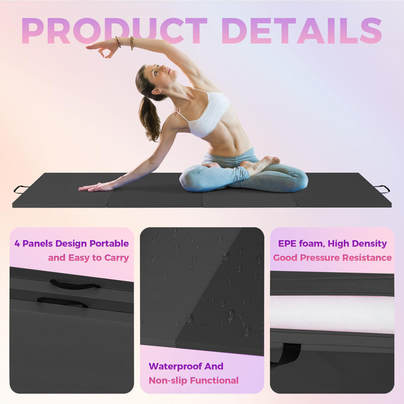 Tapis de gymnastique pliable 6 x 3 pi, tapis d'exercice épais de 2 pouces avec surface en polyuréthane et poignées de transport pour les entraînements à domicile
