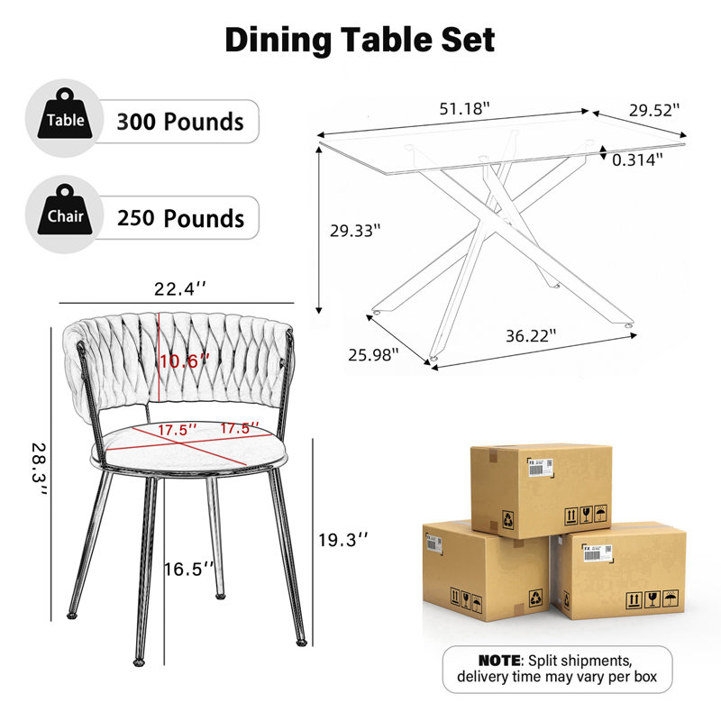 Clear Rectangle Pedestal Dining Set with Weaven Velvet Dininig Chair, 7 Pieces: Table, 6 Chairs, 29.3"H x 51"L x 29.5"W