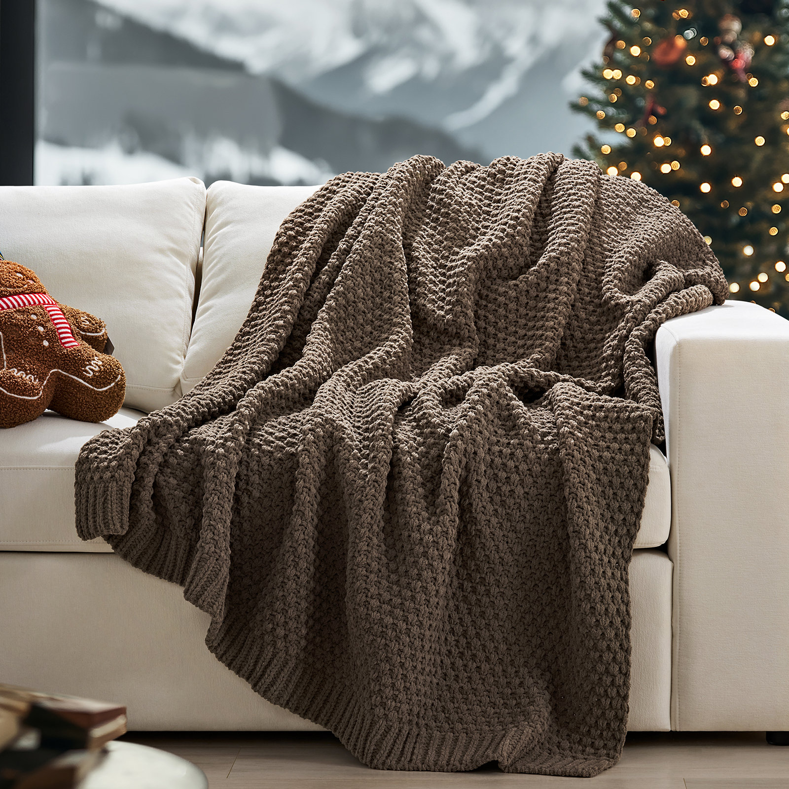 Chunky Chenille Knit Throw Blanket, 80" L x 60" W, Mocha Brown