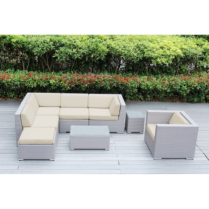 Ensemble de conversation en osier pour 6 personnes avec coussins - aucun assemblage, Sunbrella® beige antique