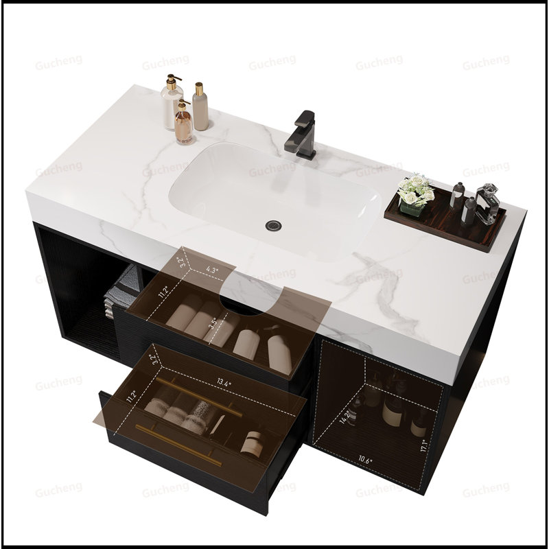 39.4"Floating Bathroom Vanities With Ceramic Sink And 2 Drawers, Black