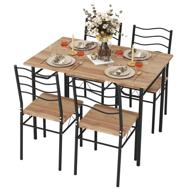Dining Table Set with 4 Seats, Metal and Wood Frame Kitchen Desk for Home Bar, Grey and Brown, Beige, Beige/Black