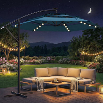 120'' Lighted Cantilever Umbrella,10ft 3-Tiered Cantilever Patio Umbrella Solar LED Lighted, Hanging Offset Market Outdoor Sun Shade for Beach, Backyard, Deck, Poolside