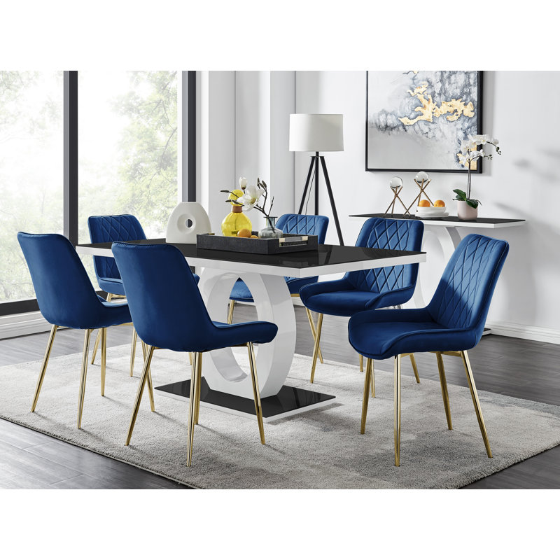 Bekircan 6 -Person Glass Dining Set, Navy/Gold