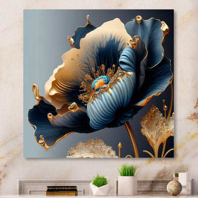 «Offerman Deep Blue and Gold Single Flower III», impression de fleur bleue sur métal