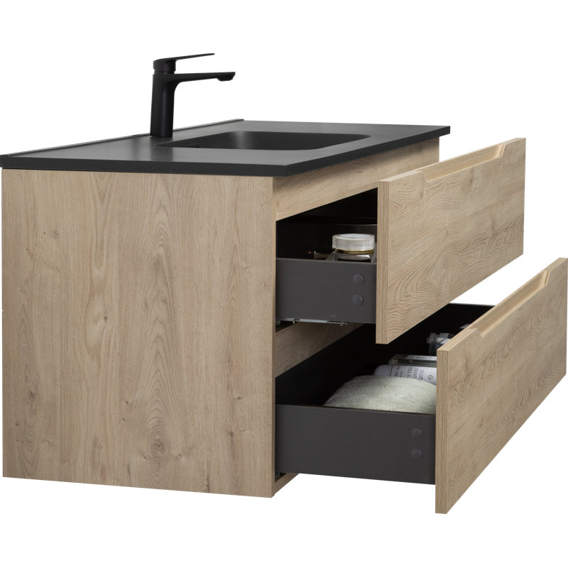 Meuble-lavabo mural simple avec comptoir en quartz noir et meuble-lavabo au fini bois naturel Passonno, 48"