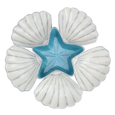 Set of 6 Blue and White Starfish With Seashells Serving Platter 14"