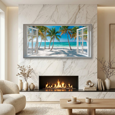 Ocean Seaside Canvas Wall Art - Large Hot Summer Open Window Canvas Prints with Palm Tree Landscape Paintings, Tropical Sea Horizontal Artwork for Home Decor