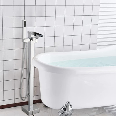 Bathroom Freestanding Waterfall Tub filler Matte Black Floor Mount Faucet with Hand Shower