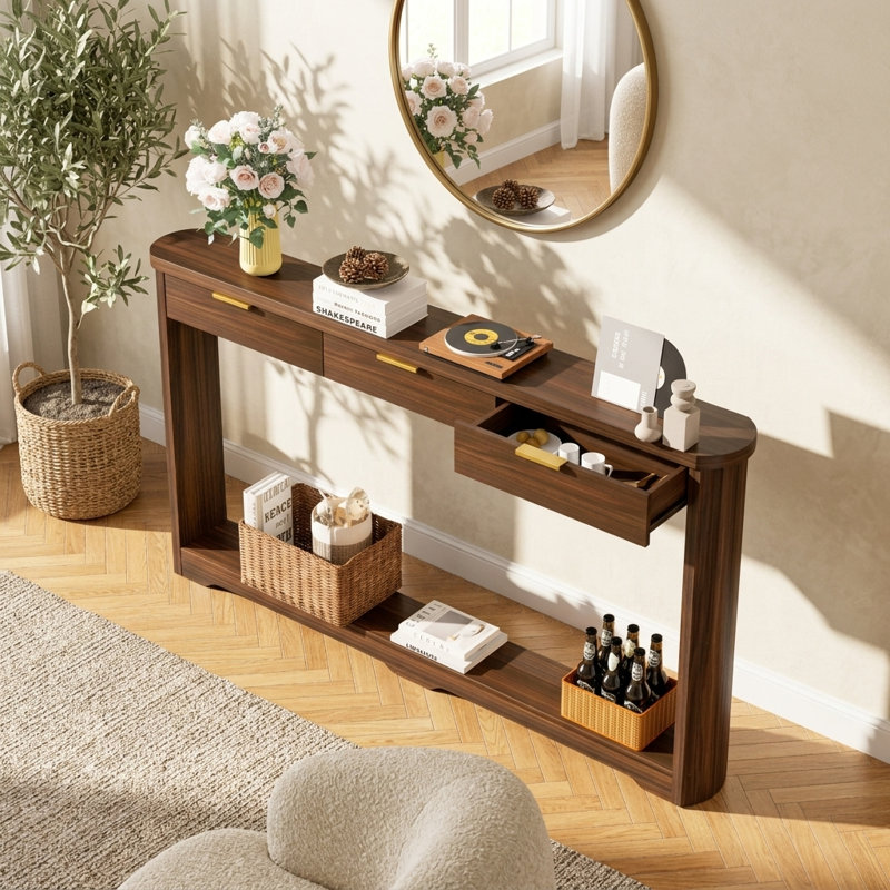 Table de rangement Ã©troite et incurvÃ©e en bois pour le couloir, dotÃ©e de trois tiroirs et d'un motif dÃ©coratif en forme de vagues