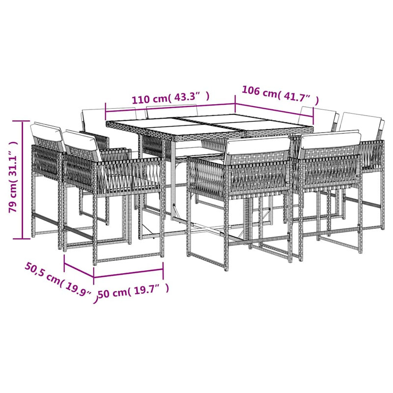 Patio Dining Set with, 73cm H x 110cm W x 106cm D, Grey, Grey