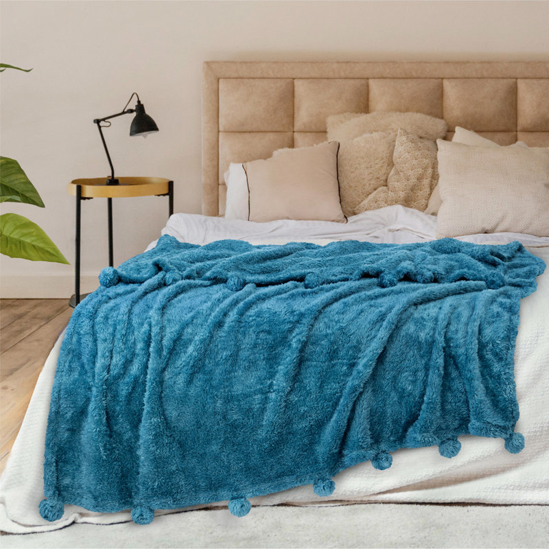 Teal Blue Sherpa Fleece Throw Blanket with Pom Poms