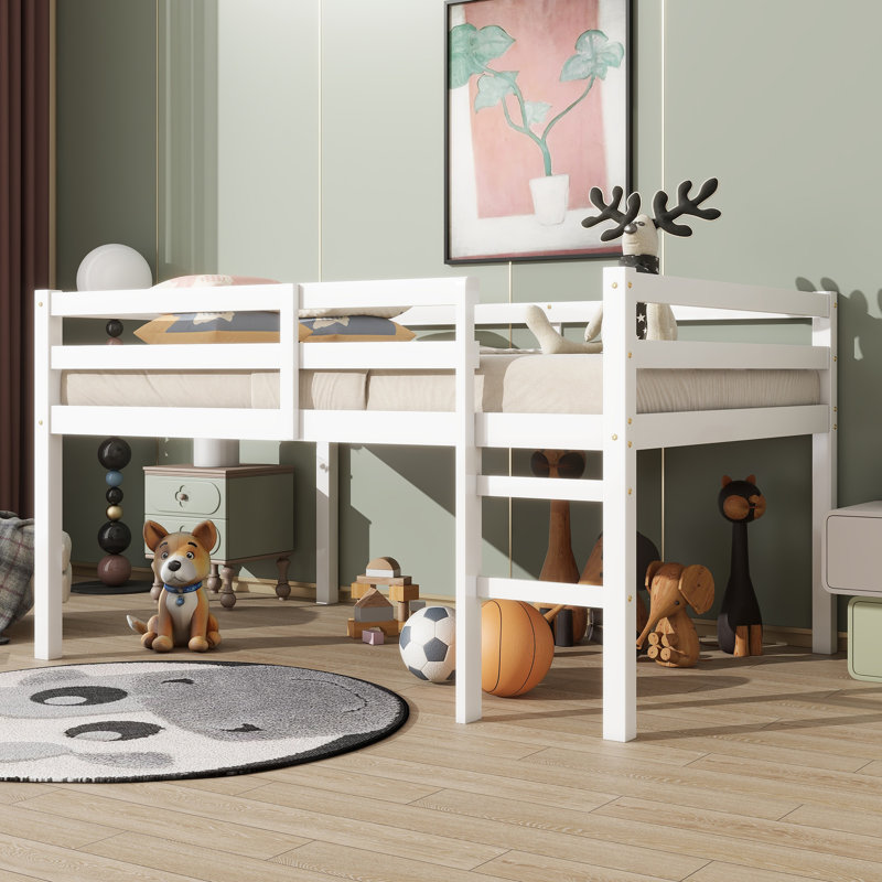 Lit mezzanine double en bois d'hévéa avec échelle - Mobilier de chambre d'enfant robuste et peu encombrant, blanc, Blanc