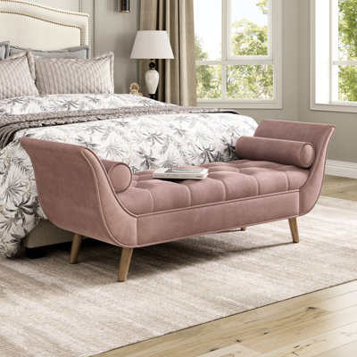 Tabouret rembourré en velours avec boutons - Banc rose 2 coussins, accoudoirs roulés, pieds en bois massif, pour la chambre à coucher et la salle à manger en bout de lit, assemblage rapide et confortable
