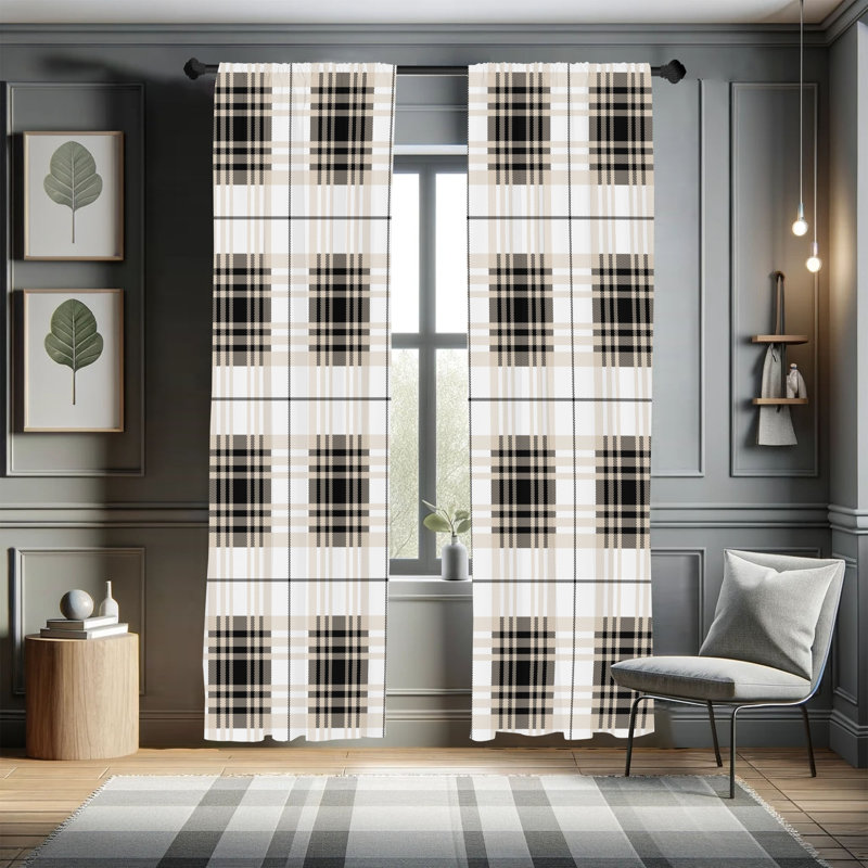  Checkered Curtains, Plaid Tartan English Tile, Ivory Taupe, 56" W x 63" L
