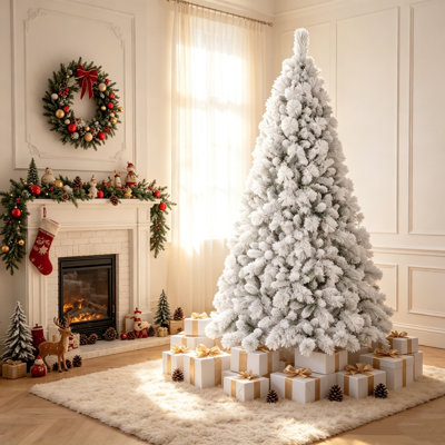 Arbre de Noël 7,5 pi avec 500 lumières à DEL blanc chaud et 1252 pointes Branches d'aiguilles en PVC enneigées avec charnières et support en métal robuste